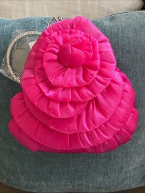 Bright Fuchsia Rosette Evening Clutch with Silver Kiss Lock & Crystal Handle